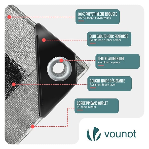 VOUNOT - Bâche de Protection en Polyéthylène resistant et impermeable 240g/m² gris et noir 3x5m - large