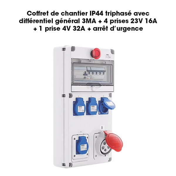 BATILEC - GEWISS Coffret de chantier triphasé IP44 avec différentiel 3MA et prises multiples - large