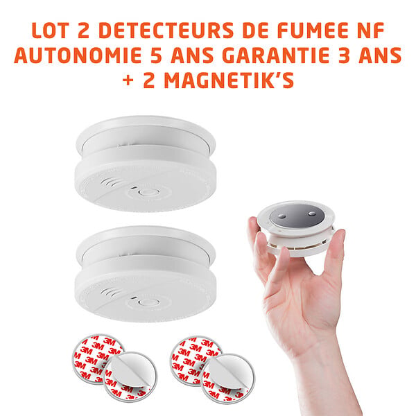 EVACUATE - Lot de 2 détecteurs de fumée NF avec supports aimantés de fixation - large