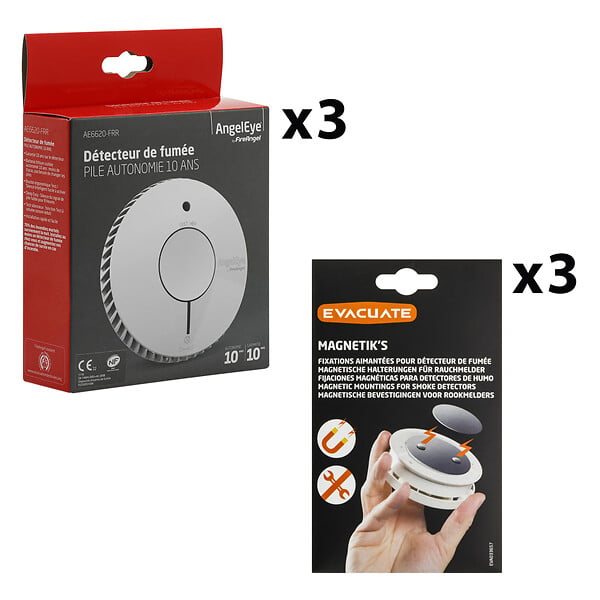 ANGELEYE - Lot de 3 détecteurs de fumée  NF autonomie et garantie 10 ans + 3 supports aimantés-AngelEye - large