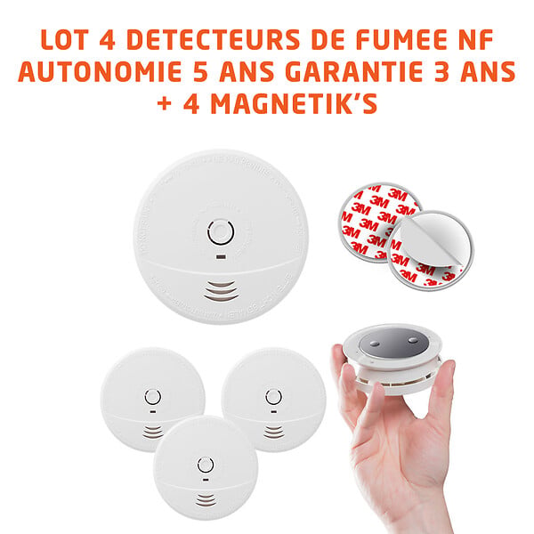 EVACUATE - EVACUATE Lot de 4 détecteurs de fumée NF avec supports aimantés de fixation autonomie 5 ans garantie 3 ans - large