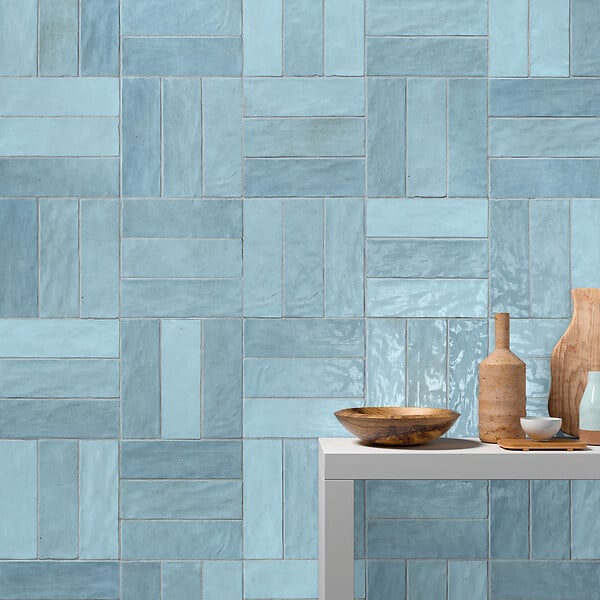 RO'MA NATURE - Carrelage effet Zellige Bleu Clair 20x6,5x0,85 cm Brillant Orisel - Mur intérieur (vendu par carton de 0,5 m²) - large