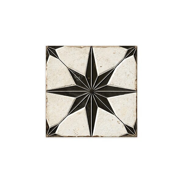 RO'MA NATURE - Carrelage Vintage effet Carreau ciment 3D Etoile Noire et Fond Blanc 22,3x22,3x0,9 cm Sparta - Sol et mur intérieur (vendu par carton de 0,65 m²) - large