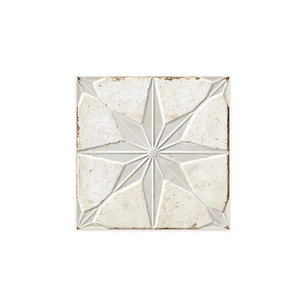 RO'MA NATURE - Carrelage Vintage effet Carreau ciment 3D Etoile Blanche et Fond Blanc 22,3x22,3x0,9 cm Sparta - Sol et mur intérieur (vendu par carton de 0,65 m²) - large