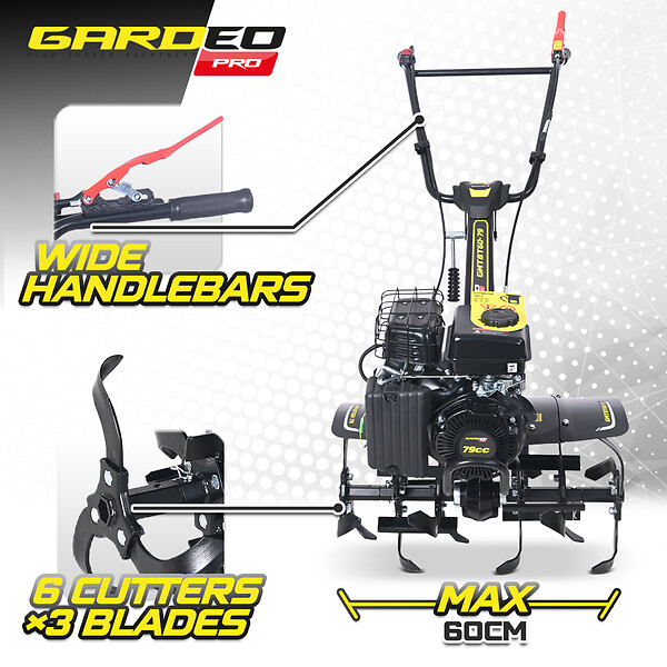 GARDEO PRO - Motoculteur thermique à arbre horizontal 79 CC - 6 fraises - largeur de travail 60cm - large