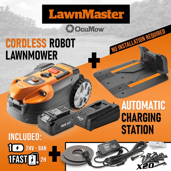 LAWNMASTER - Robot tondeuse autonome 24V sans fil périmétrique avec station de charge - Max 800m² - large