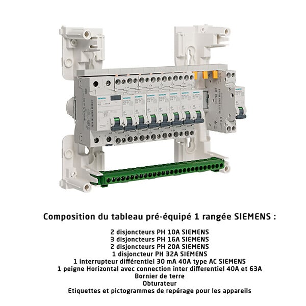 SIEMENS - SIEMENS Tableau 1 rangée pré-équipé 1 inter. diff. 40A type AC + 8 disjoncteurs - large