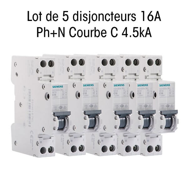 SIEMENS - SIEMENS Lot de 5 disjoncteurs électriques phase + neutre 16A - large