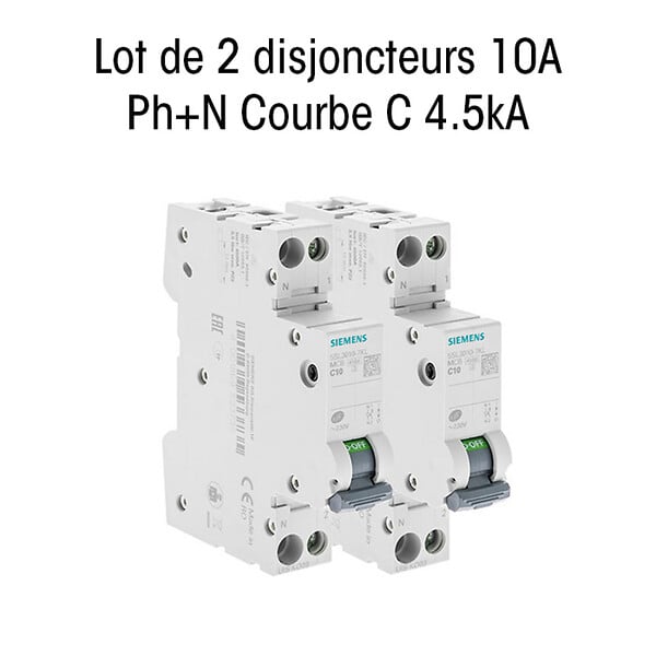 SIEMENS - Lot de 2 Disjoncteurs électriques phase + neutre 10A-SIEMENS - large