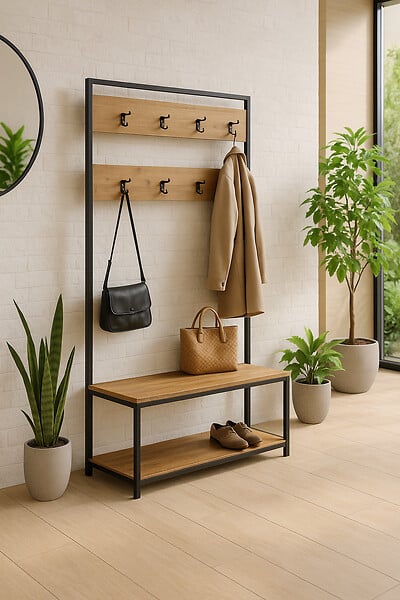 PROTOCOLE HOME - Protocole Home Porte-manteaux 7 crochets avec banc et 2 étagères à chaussures, métal et bois clair, 100 x 39 x 180 cm - large
