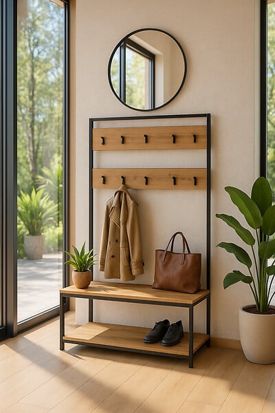 PROTOCOLE HOME - Protocole Home Porte-manteaux 7 crochets avec banc et 2 étagères à chaussures, métal et bois clair, 100 x 39 x 180 cm - large