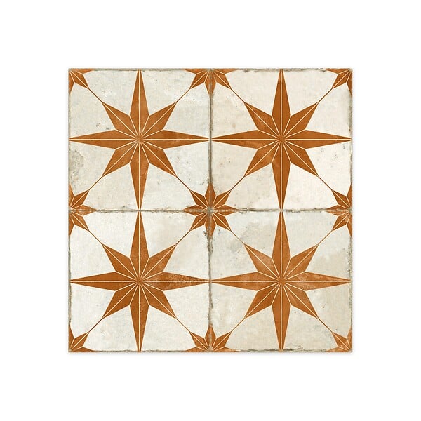 RO'MA NATURE - Carrelage Vintage effet Carreau ciment Etoile Orange et Fond Blanc 45x45x0,95 cm Sparta - Sol et mur intérieur (vendu par carton de 1 m²) - large