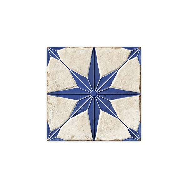 RO'MA NATURE - Carrelage Vintage effet Carreau ciment 3D Etoile Bleue et Fond Blanc 22,3x22,3x0,9 cm Sparta - Sol et mur intérieur (vendu par carton de 0,65 m²) - large