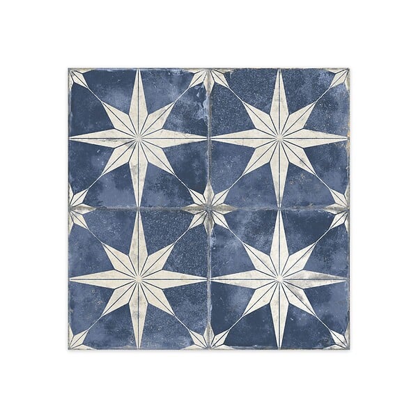 RO'MA NATURE - Carrelage Vintage effet Carreau ciment Etoile Blanche et Fond Bleu 45x45x0,95 cm Sparta - Sol et mur intérieur (vendu par carton de 1 m²) - large
