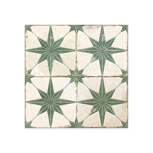 RO'MA NATURE - Carrelage Vintage effet Carreau ciment 3D Etoile Verte et Fond Blanc 45x45x0,95 cm Sparta - Sol et mur intérieur (vendu par carton de 1 m²) - large