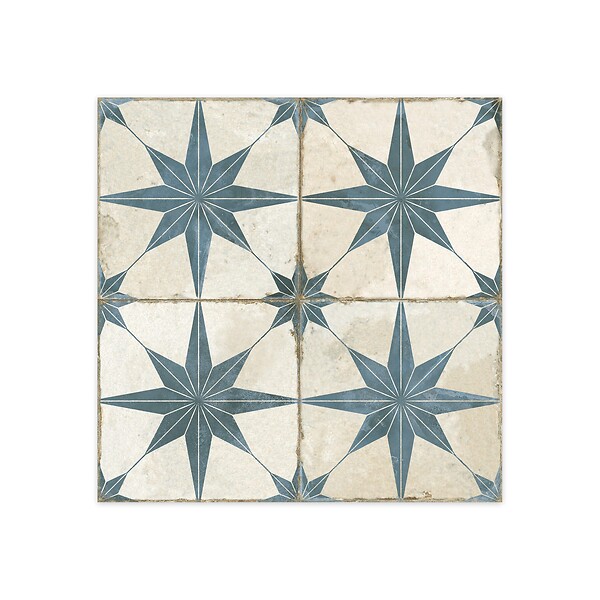 RO'MA NATURE - Carrelage Vintage effet Carreau ciment Etoile Bleue et Fond Blanc 45x45x0,95 cm Sparta - Sol et mur intérieur (vendu par carton de 1 m²) - large