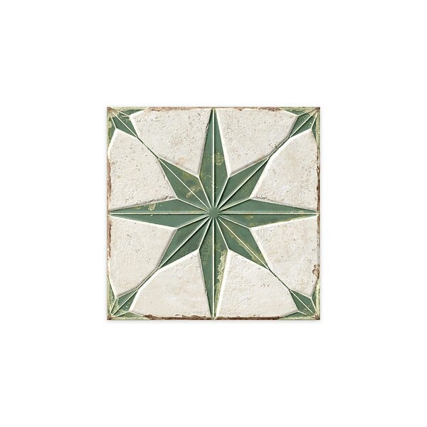 RO'MA NATURE - Carrelage Vintage effet Carreau ciment 3D Etoile Verte et Fond Blanc 22,3x22,3x0,9 cm Sparta - Sol et mur intérieur (vendu par carton de 0,65 m²) - large