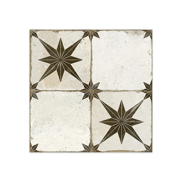 RO'MA NATURE - Carrelage Vintage effet Carreau ciment Mix Etoile Noire et Fond Blanc 45x45x0,95 cm Sparta - Sol et mur intérieur (vendu par carton de 1 m²) - large
