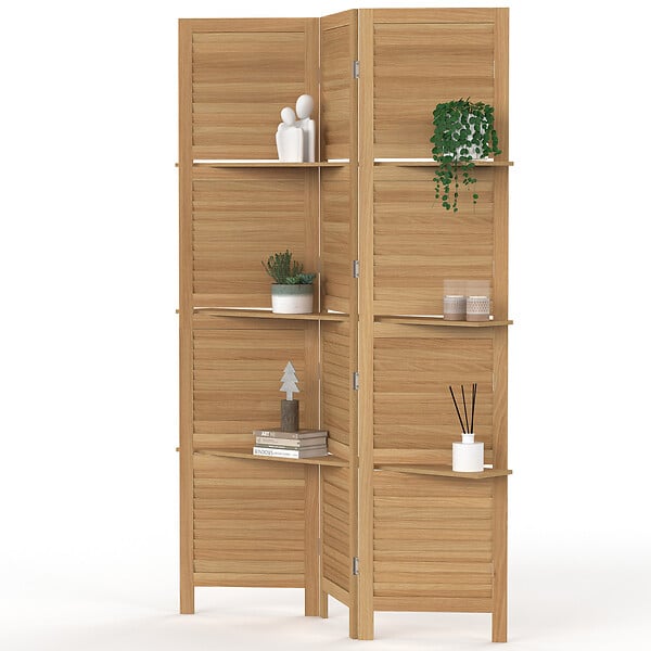 ID MARKET - Paravent intérieur 3 panneaux lattes persiennes avec 3 étagères bois - large