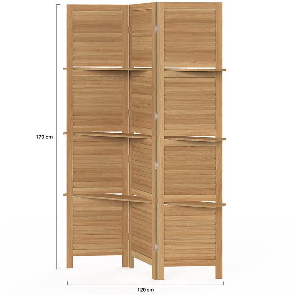ID MARKET - Paravent intérieur 3 panneaux lattes persiennes avec 3 étagères bois - large