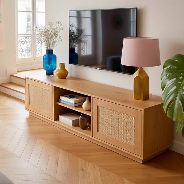 OVIALA - Meuble TV suspendu en bois 2 portes en rotin L160 cm bois clair  - Walter - large
