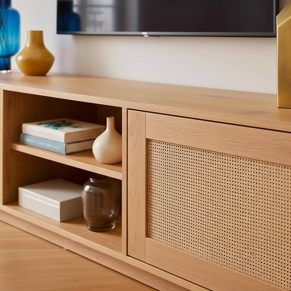 OVIALA - Meuble TV suspendu en bois 2 portes en rotin L160 cm bois clair  - Walter - large