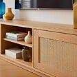 OVIALA - Meuble TV suspendu en bois 2 portes en rotin L160 cm bois clair  - Walter - vignette