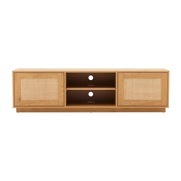 OVIALA - Meuble TV suspendu en bois 2 portes en rotin L160 cm bois clair  - Walter - large