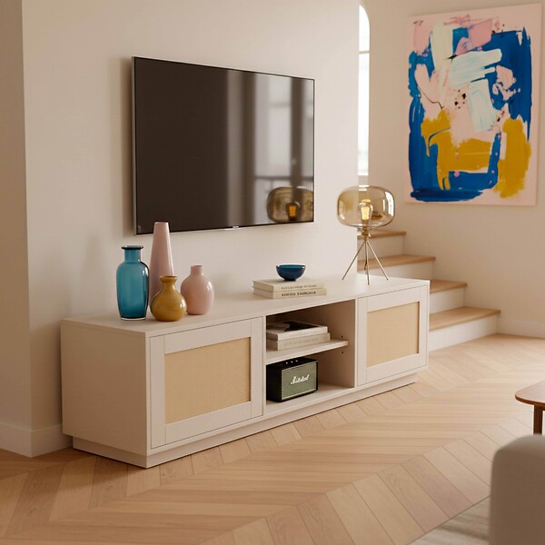 OVIALA - Meuble TV suspendu en bois 2 portes en rotin L160 cm crème - Walter - large