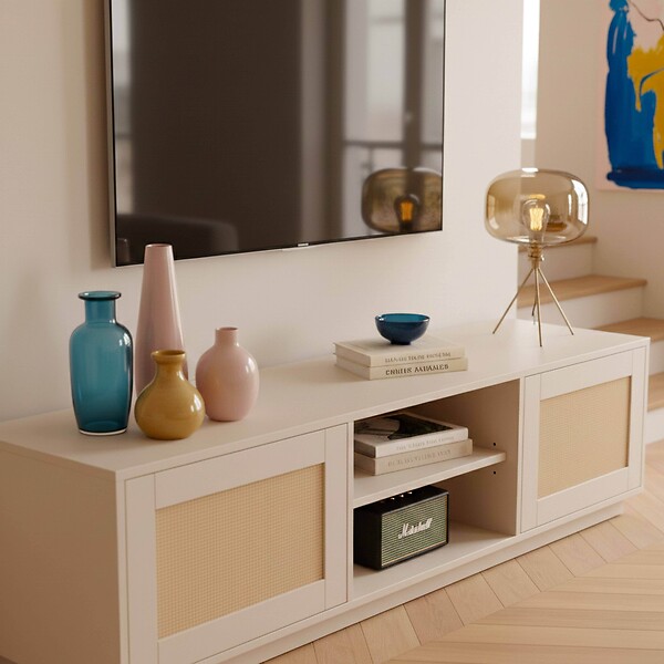OVIALA - Meuble TV suspendu en bois 2 portes en rotin L160 cm crème - Walter - large