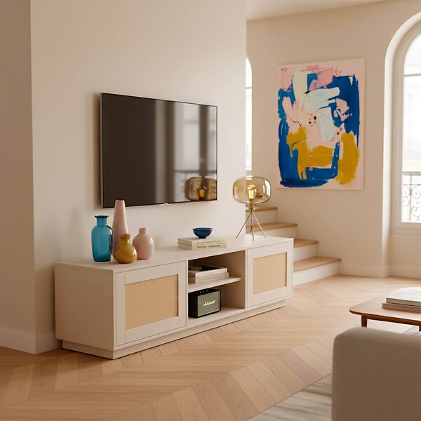 OVIALA - Meuble TV suspendu en bois 2 portes en rotin L160 cm crème - Walter - large