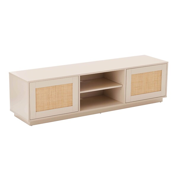 OVIALA - Meuble TV suspendu en bois 2 portes en rotin L160 cm crème - Walter - large