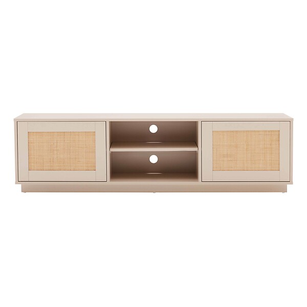 OVIALA - Meuble TV suspendu en bois 2 portes en rotin L160 cm crème - Walter - large