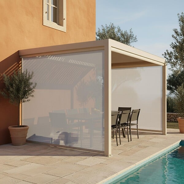 OVIALA - Pergola bioclimatique adossée 3x4m et 2 stores bois crème - Oia - large