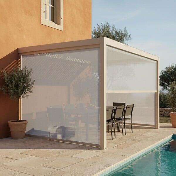 OVIALA - Pergola bioclimatique adossée 3x4m et 3 stores bois crème - Oia - large