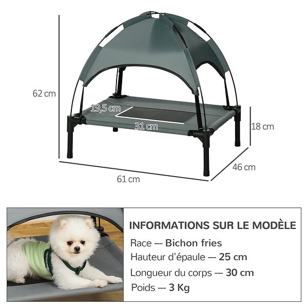 PAWHUT - Lit pour chien chat sur pieds lit de camp lit surélevé rafraîchissant velum anti-UV Oxford micro-perforé parasol et sac de transport inclus dim. 61L x 46l x 61H cm gris noir - large