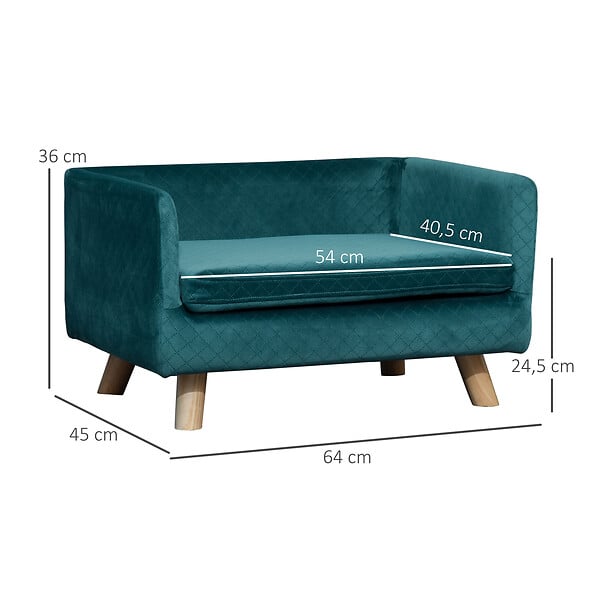 PAWHUT - Canapé chien lit pour chien design scandinave coussin moelleux pieds bois massif dim. 64 x 45 x 36 cm velours bleu canard - large