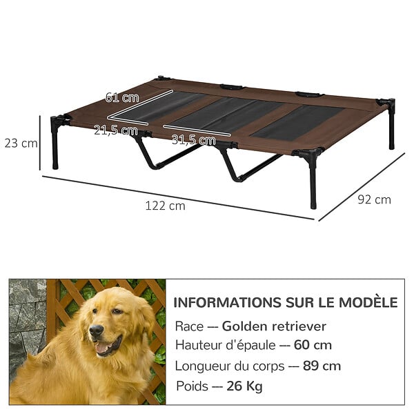 PAWHUT - Lit sur pieds XXL pour chien chat lit de camp animal lit surélevé Oxford textilène micro-perforé dim. 122L x 92l x 23H cm marron clair - large