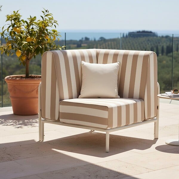 OVIALA - Fauteuil d'angle rayé pour salon de jardin modulable tissu beige - Patio - large