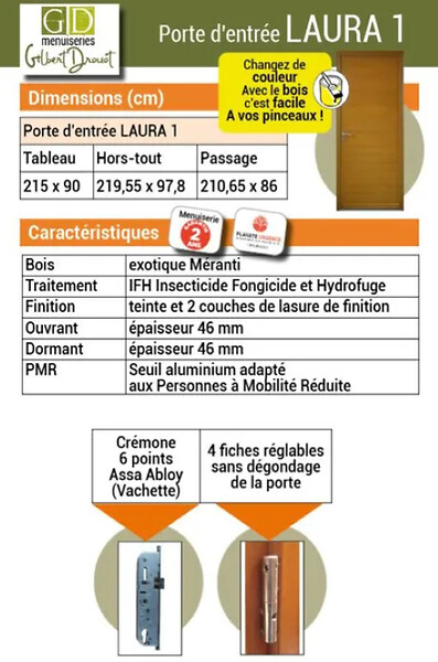 GD MENUISERIES - Porte d'entree Bois Pleine, Laura, H215 x L90 Côte Tableau p, Gauche (Poignee, Barillet ref 010723NO) - large