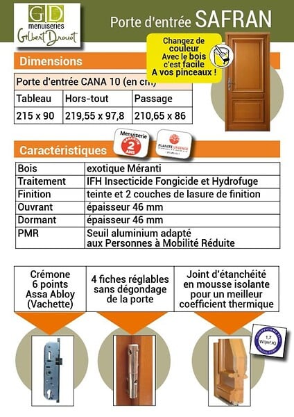 GD MENUISERIES - Porte d'entrée Bois Pleine Safran, H215 x L90 cm Côte Tableau p. Gauche (Poignée, Barillet ref 010403FP) - large