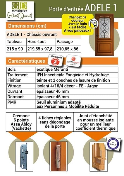 GD MENUISERIES - Porte d'entrée Bois Vitrée Adele, H215 x L90 cm Côte Tableau p. Gauche (Poignee, Barillet ref 010403RFP) - large