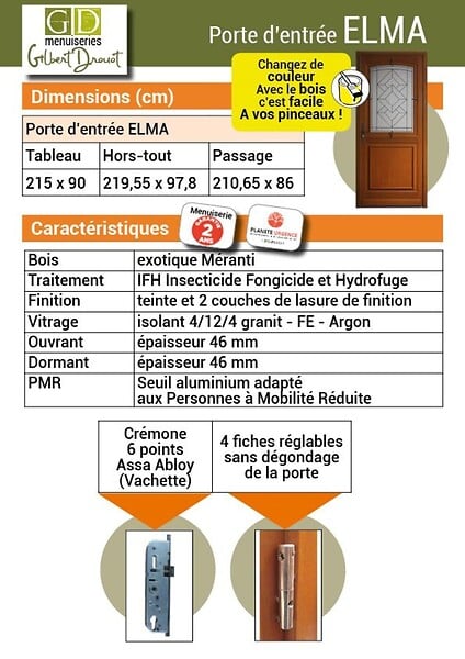 GD MENUISERIES - Porte d'entrée Bois Vitrée Elma, H215 x L90 cm Côte Tableau p.Gauche, (Poignée, Barillet ref 010723NO) - large