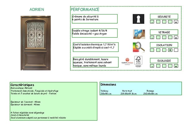 GD MENUISERIES - Porte d'entrée Bois Vitrée Adrien Gris Quartz, H215 x L90 cm Côte Tableau p.Droit (Poignee, Barillet ref 010403RFP) - large