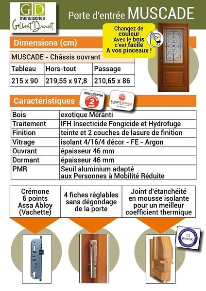 GD MENUISERIES - Porte d'entrée Bois Vitrée Candice Gris Anthr, H215 x L90 cm Côte Tableau p. Gauche (Poignee, Barillet ref 010403RFP) - large