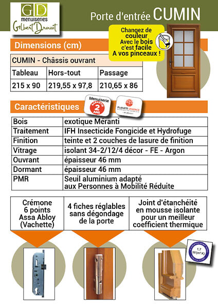 GD MENUISERIES - Porte d'entrée Bois vitrée, Cumin, H215 x L90 cm Côte Tableau p.Droit - large