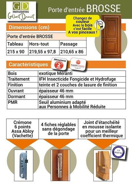 GD MENUISERIES - Porte d'entrée Bois Pleine Tahi 1, H215 x L90 cm Côte Tableau p. Gauche, (Poignée, Barillet ref N158RPL -IN158RCI) - large