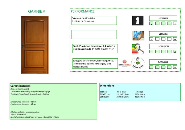 GD MENUISERIES - Porte d'entrée Bois Pleine Garnier, H215 x L90 cm Côte Tableau, p.Droit (Poignée, Barillet ref N158RPL -IN158RCI) - large