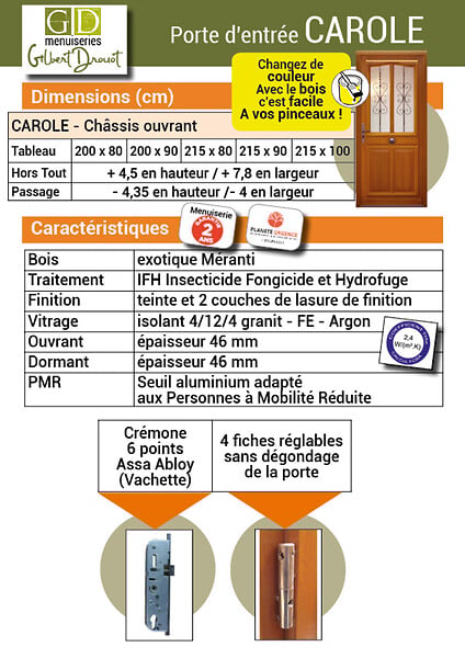 GD MENUISERIES - Porte d'entrée Bois Tiercée Carole H215xL140 cm Côte Tableau p. Gauche - large