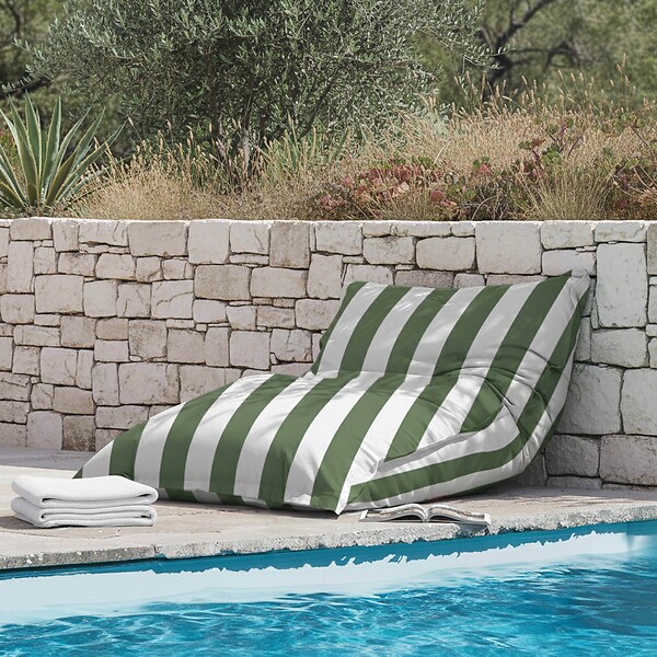 OVIALA - Housse vide de pouf rayé XL imperméable 140x120cm vert cactus et blanc - Solys - large